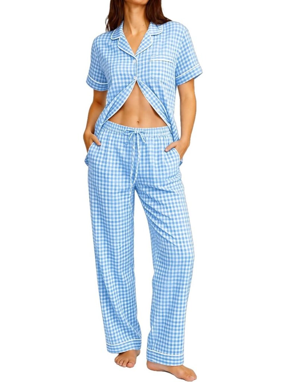 Women's Blue White Cotton Short Sleeve Button Down Shirt 2 Pcs Pajama Set